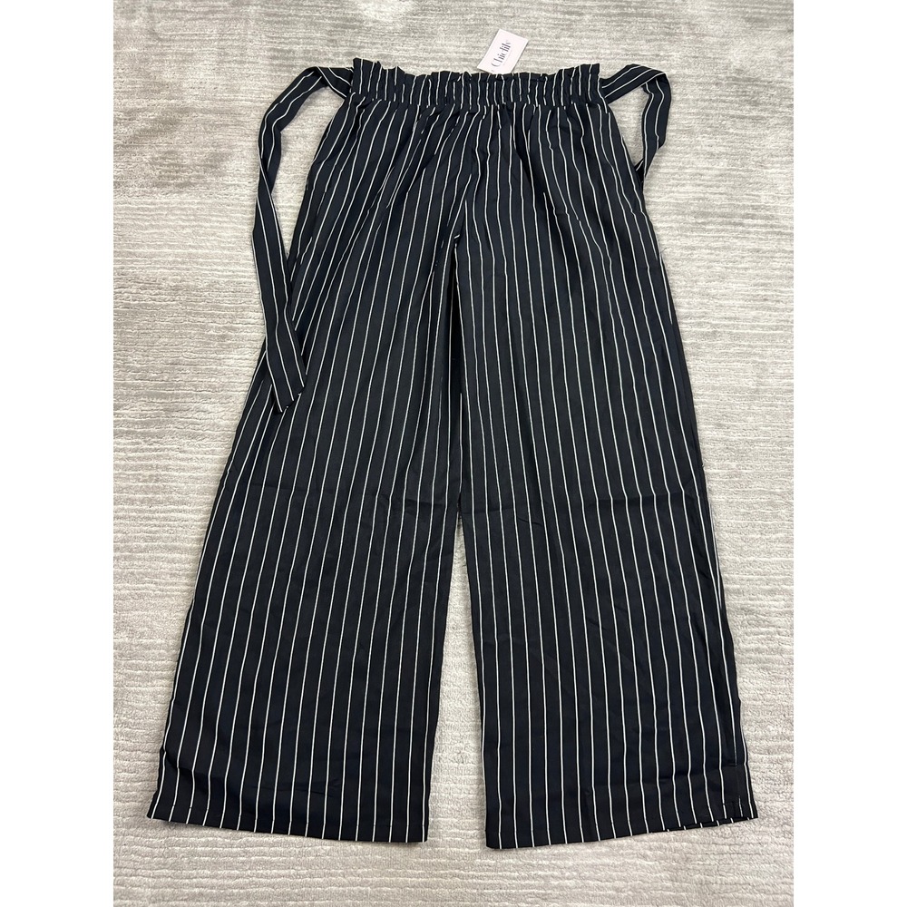 Chiclily‎ Pants Women Large Black Pinstripe Wide Leg Elastic Tie Waist High Rise